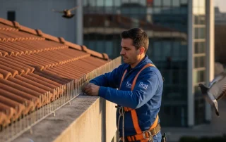 Foto di un'installazione di reti o aghi su un edificio moderno, con Installazione dissuasori piccioni Cologno Monzese