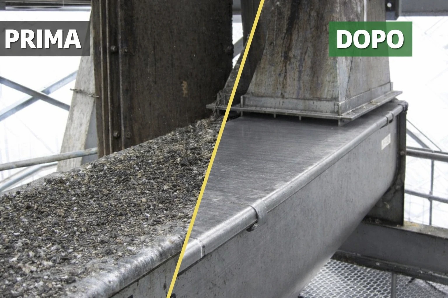 Bonifica e rimozione guano piccioni su struttura industriale a Milano – confronto prima e dopo intervento professionale