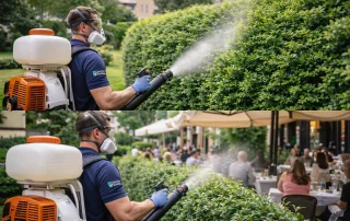 Tecnico Best Solutions esegue trattamento barriera anti-zanzare su una siepe in un giardino privato a Milano.