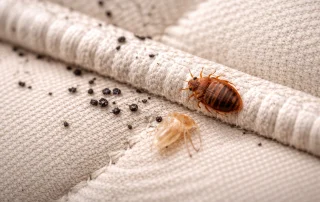 Macchie nere e esoscheletri: i chiari segnali della presenza di cimici da letto su un materasso a Milano.