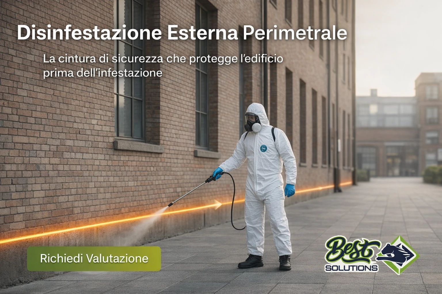 Disinfestazione Esterna Perimetrale a Milano e provincia Disinfestazione esterna perimetrale con operatore Best Solutions, barriera preventiva contro infestanti lungo il perimetro dell’edificio