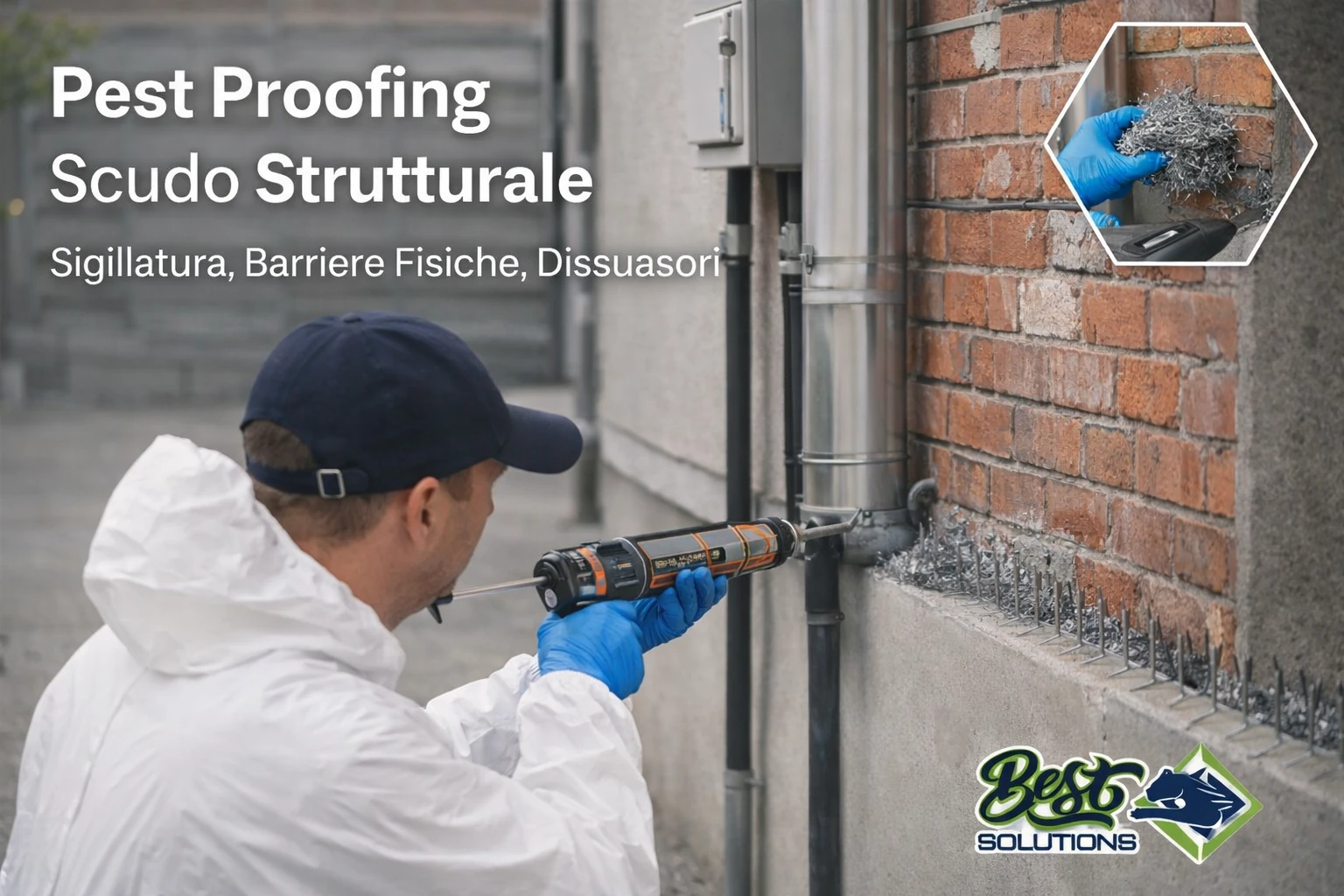 Pest proofing strutturale – sigillature e barriere anti infestanti Pest proofing con sigillatura strutturale e barriere fisiche eseguite da tecnico Best Solutions per prevenire l’ingresso di infestanti